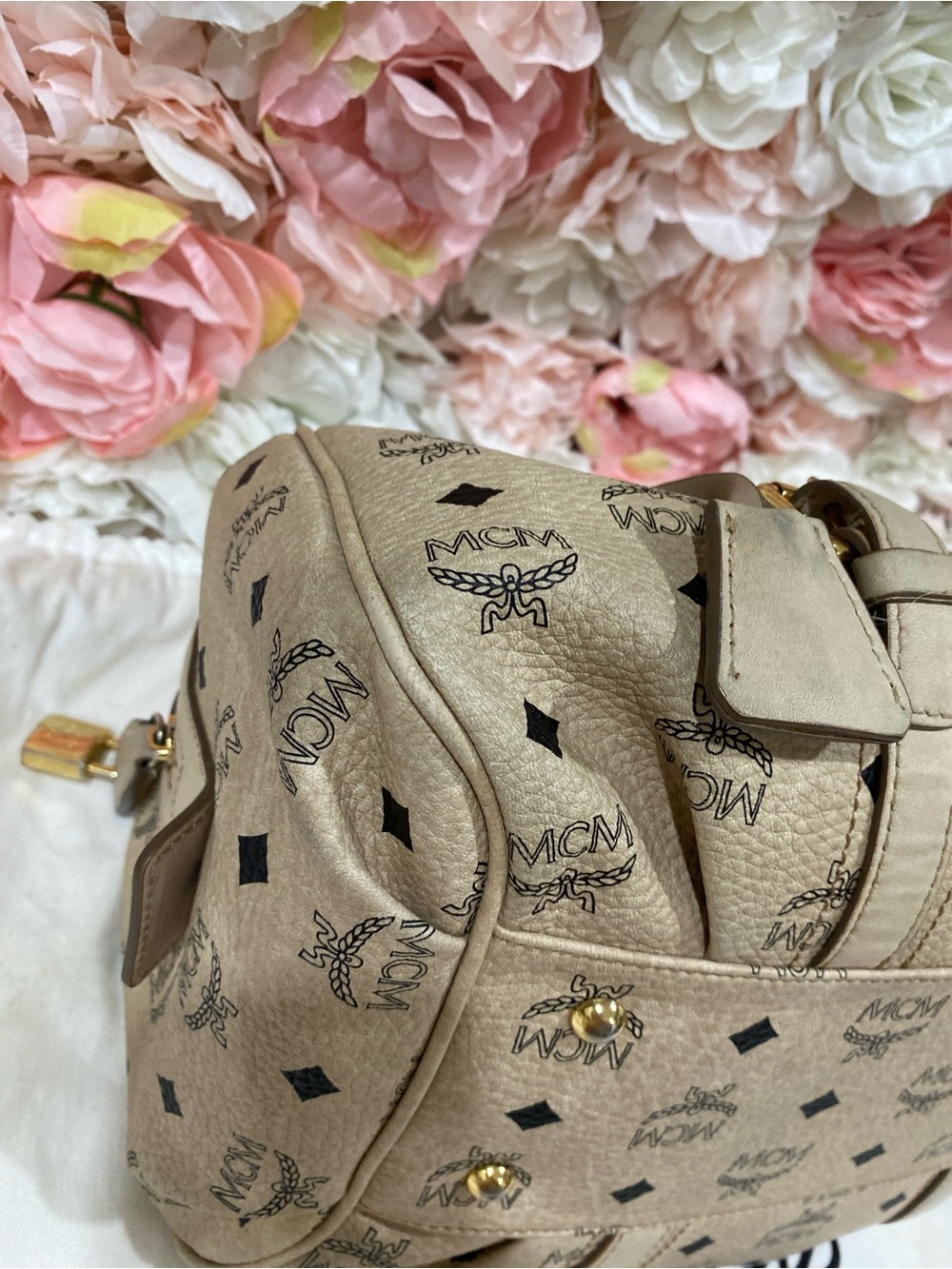 MCM Beige Visetos Logo Satchel with Gold Hardware - Picture 5 of 14